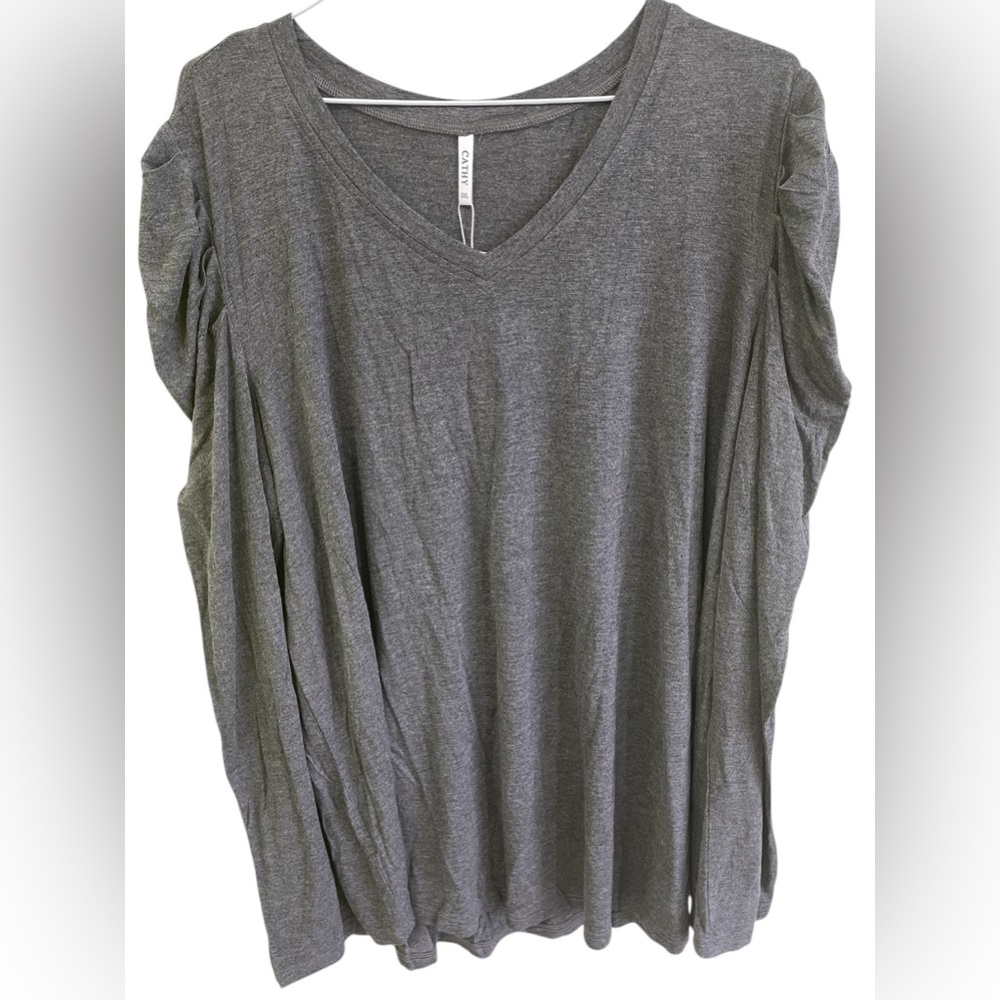 Women's V-Neck Long Sleeve T-Shirt, Casual Flowy Jersey Top, Heather Grey, 3XL
